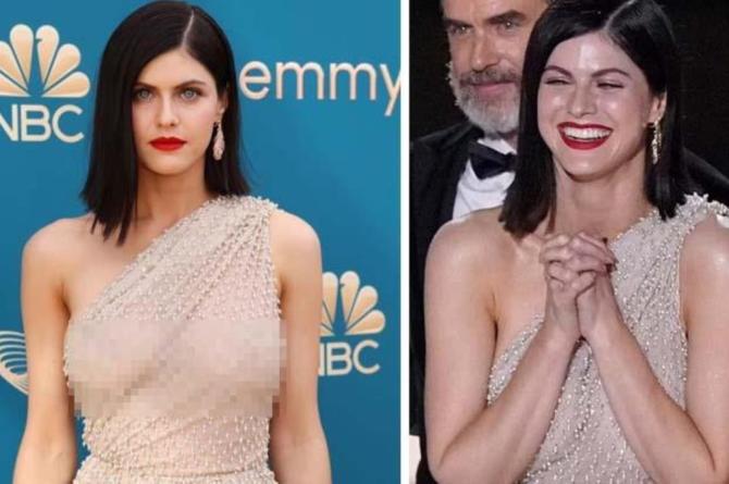 Ödül törenine iç çamaşırsız elbiseyle katılan Alexandra Daddario, ışıklar açılınca frikik verdi