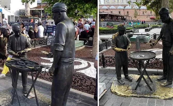 Eminönü’ndeki simitçi heykelinin simitlerini çaldılar